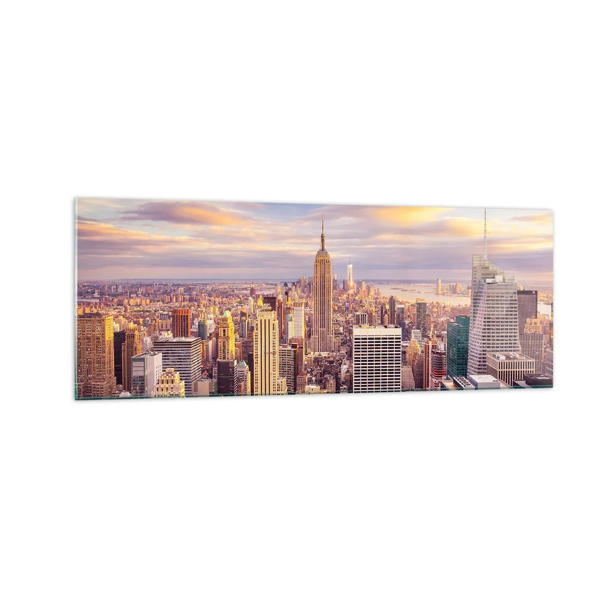 Obraz na szkle - Panorama nowoczesnego miasta z wieżowcami o zachodzie słońca - 140x50cm - Sięgnąć samych chmur - Nowoczesna dekoracja ścienna do salonu i sypialni ARTTOR