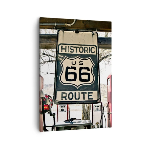 Obraz na płótnie - Historyczny znak Route 66 z retro klimatem - 50x70cm - Amerykańska retro podróż - Nowoczesna dekoracja ścienna do salonu, kuchni i sypialni ARTTOR