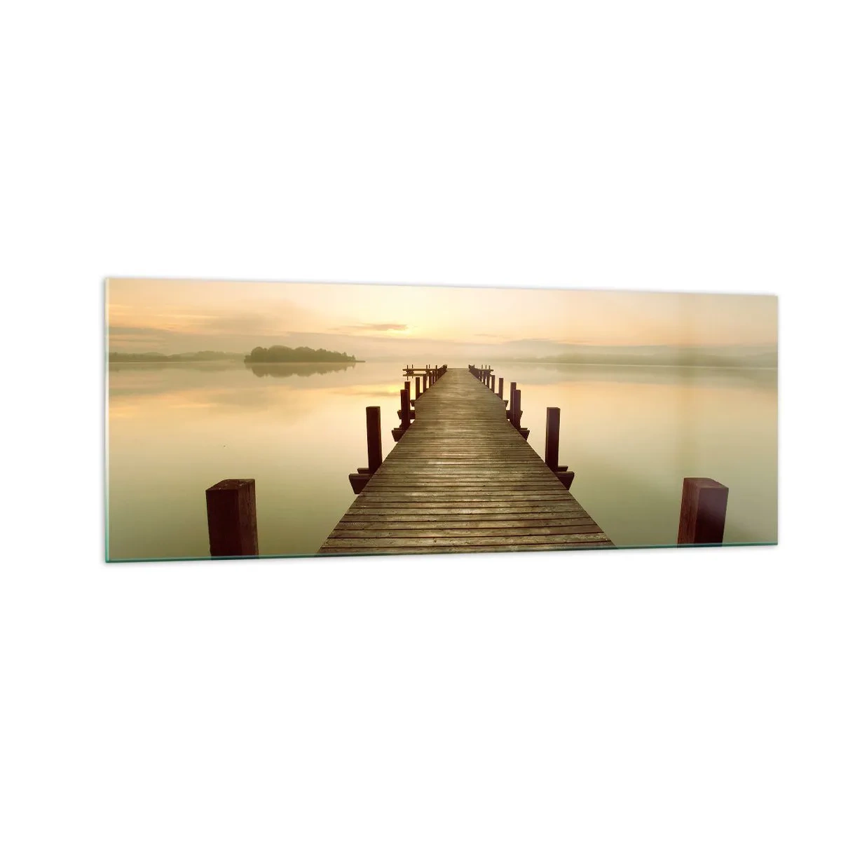 Obraz na szkle - Drewniany pomost na spokojnym jeziorze o poranku - 140x50cm - Przedświt, świtanie, światło - Nowoczesna dekoracja ścienna do salonu i sypialni ARTTOR