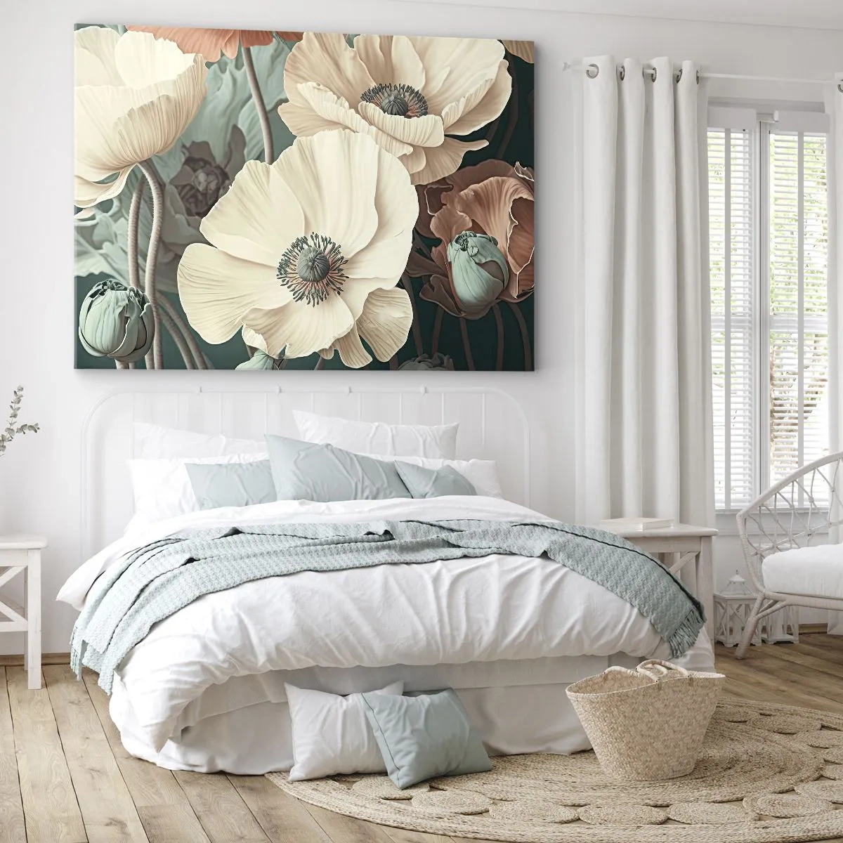 Obraz na płótnie - Eleganckie kwiaty w pastelowych odcieniach na zielonym tle - 70x50cm - Szept maków - Nowoczesna dekoracja ścienna do salonu i sypialni ARTTOR