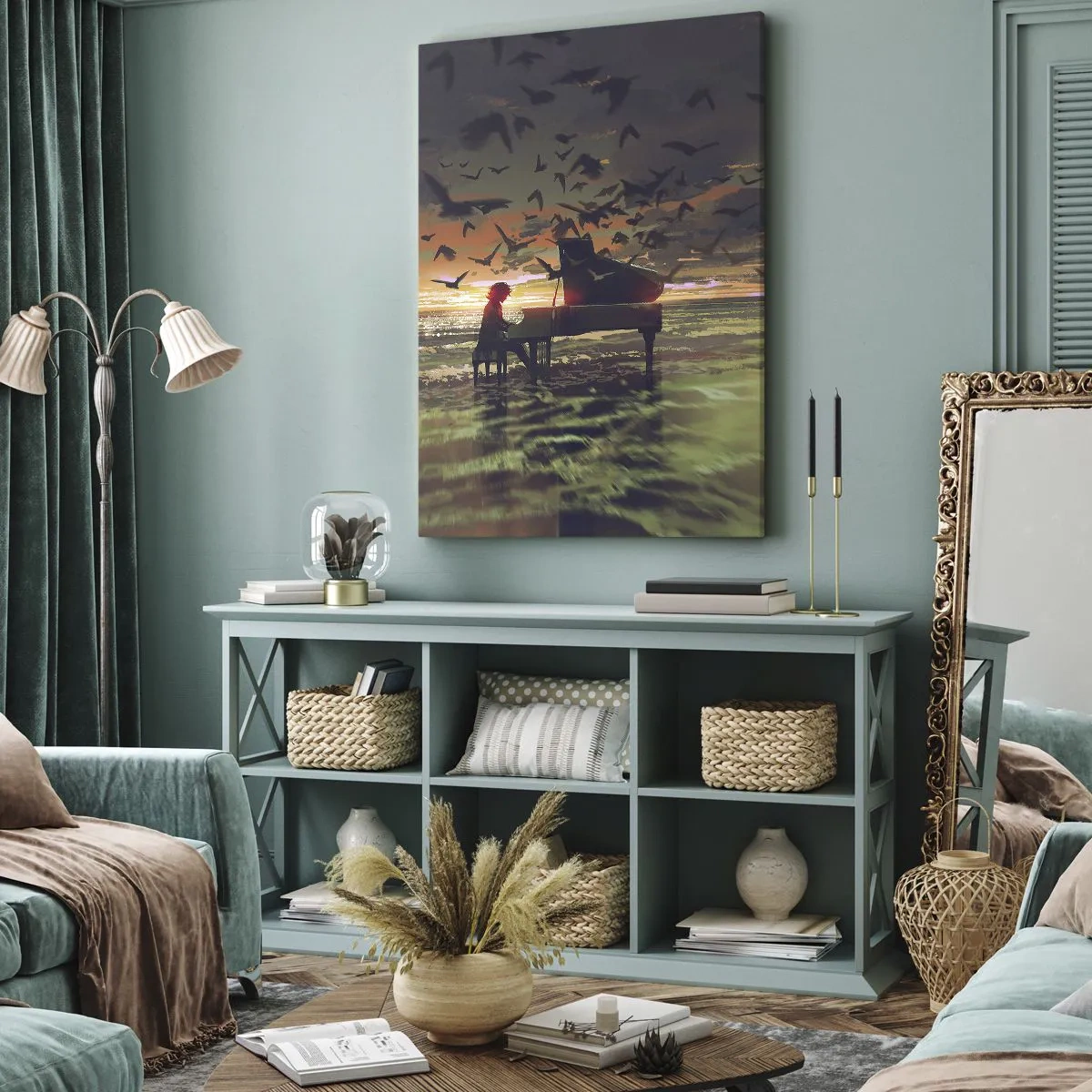 Obraz na płótnie - Pianino na brzegu morza przy zachodzie słońca z ptakami - 80x120cm - Koncert na fortepian i fale - Nowoczesna dekoracja ścienna do salonu i sypialni ARTTOR