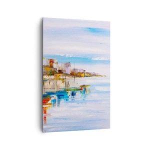 Obraz na płótnie - Kolorowe łodzie przy brzegu z widokiem na miejską panoramę - 80x120cm - Wielobarwna miejska przystań - Nowoczesna dekoracja ścienna do salonu i sypialni ARTTOR