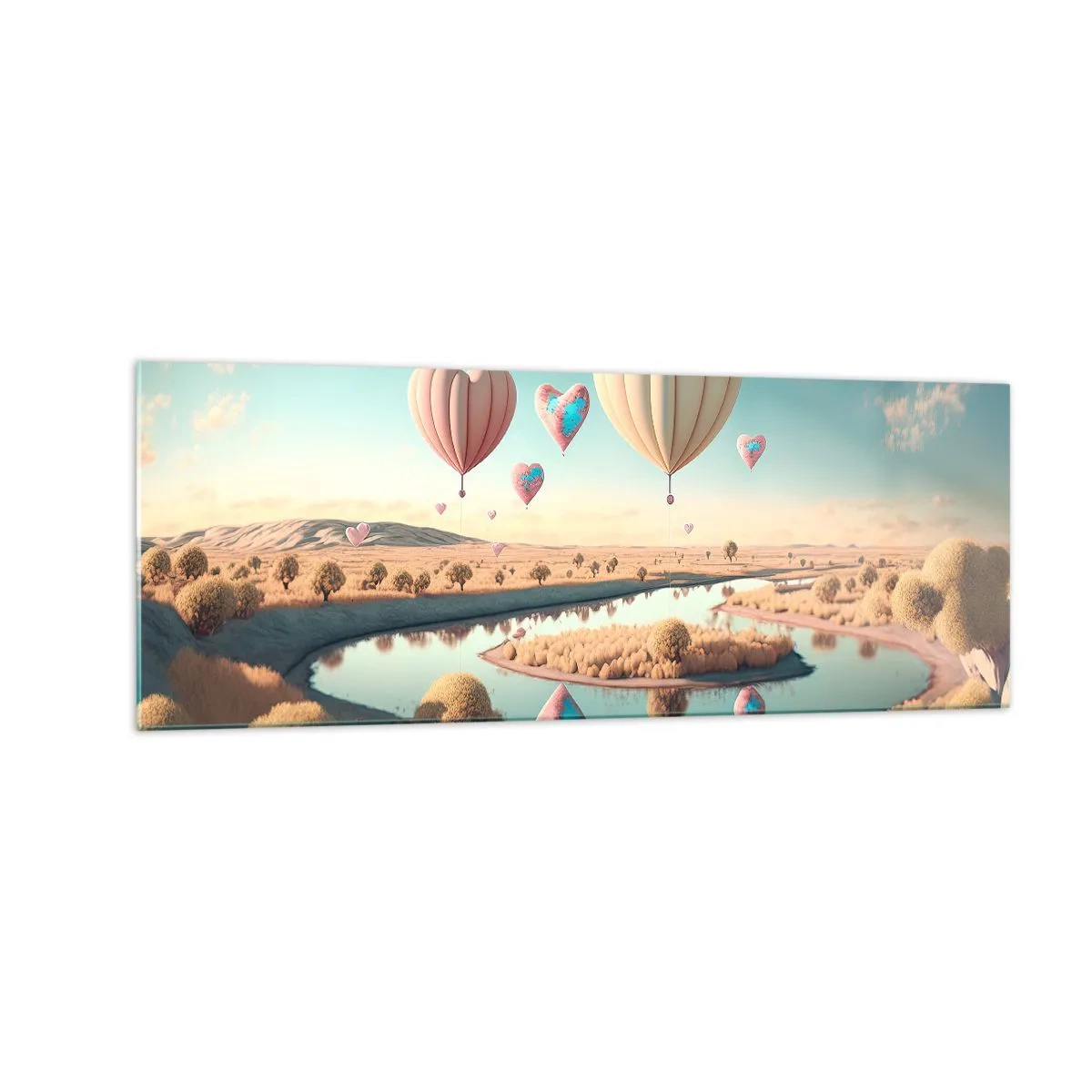 Obraz na szkle - Balony w kształcie serc unoszące się nad krajobrazem - 140x50cm - Miłość pozwala wznieść się - Nowoczesna dekoracja ścienna do salonu i sypialni ARTTOR