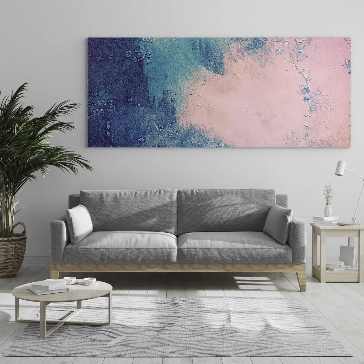 Obraz na szkle - Abstrakcyjna tekstura w odcieniach różu i niebieskiego - 160x50cm - Błękitne objęcia - Nowoczesna dekoracja ścienna do salonu i sypialni ARTTOR
