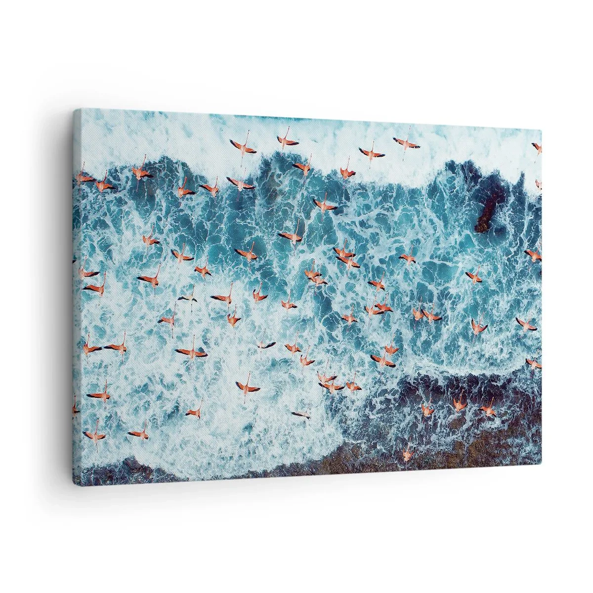 Obraz na płótnie - Różowe flamingi nad błękitnym oceanem z lotu ptaka - 70x50cm - Nadmorska parada - Nowoczesna dekoracja ścienna do salonu i sypialni ARTTOR