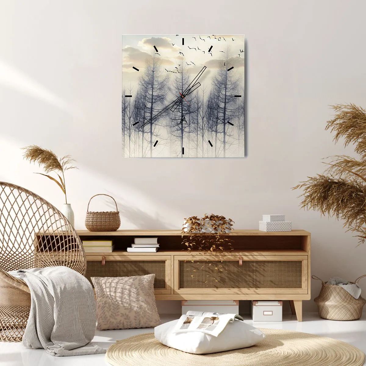 Zegar ścienny - Mglisty las z ptakami na tle nieba o zachodzie - 30x30cm - Duchy lasu - Nowoczesna dekoracja ścienna do salonu i sypialni ARTTOR
