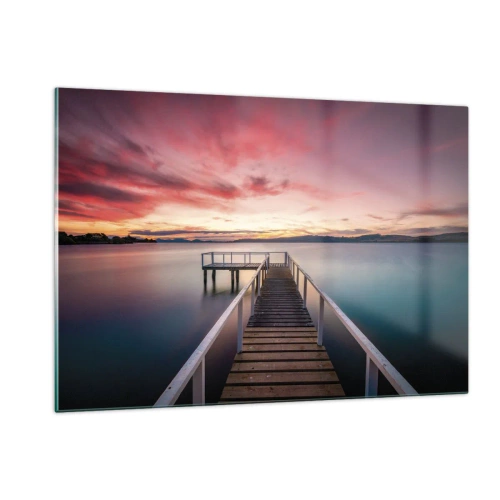 Obraz na szkle - Pomost nad jeziorem o zachodzie słońca z różowym niebem - 120x80cm - Łagodny płomień wieczoru - Nowoczesna dekoracja ścienna do salonu, kuchni i sypialni ARTTOR