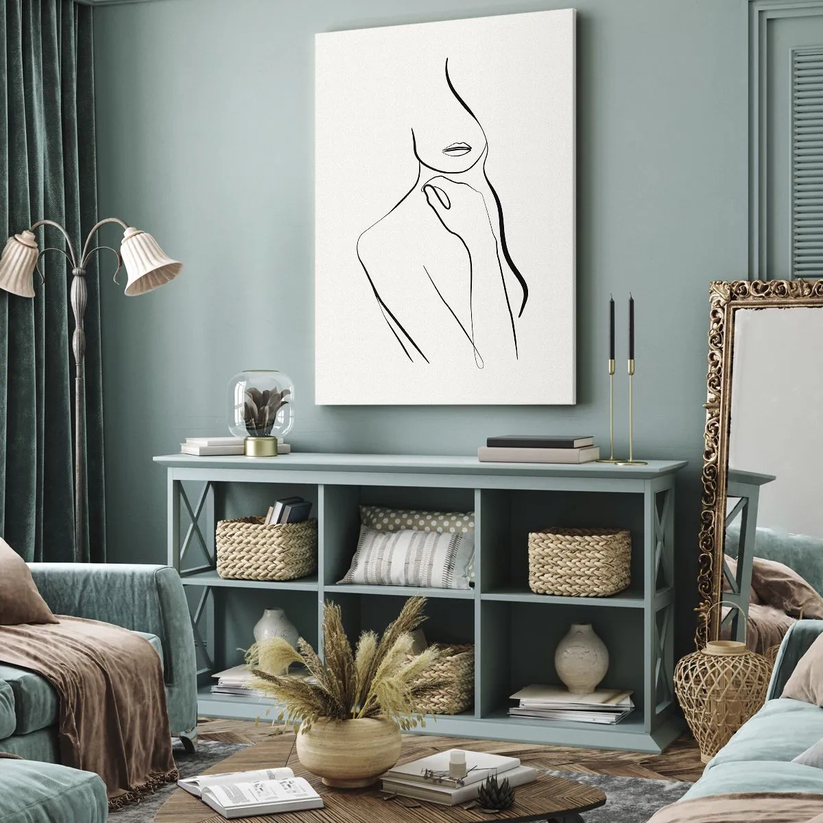 Obraz na płótnie - Minimalistyczny szkic sylwetki kobiety na jasnym tle - 70x100cm - Fala melancholii - Nowoczesna dekoracja ścienna do salonu i sypialni ARTTOR
