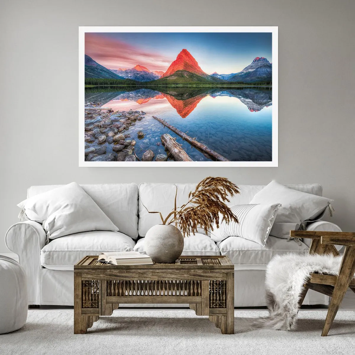 Plakat - Góra odbijająca się w jeziorze o zachodzie słońca - 100x70cm - Żar i chłód - Nowoczesna dekoracja ścienna do salonu i sypialni ARTTOR