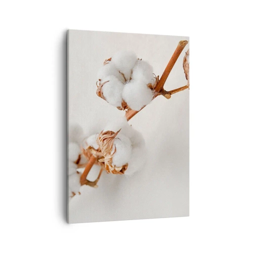 Obraz na płótnie - Gałązka bawełny z białymi puszystymi kwiatami na jasnym tle - 50x70cm - Tylko tulić - Nowoczesna dekoracja ścienna do salonu, kuchni i sypialni ARTTOR