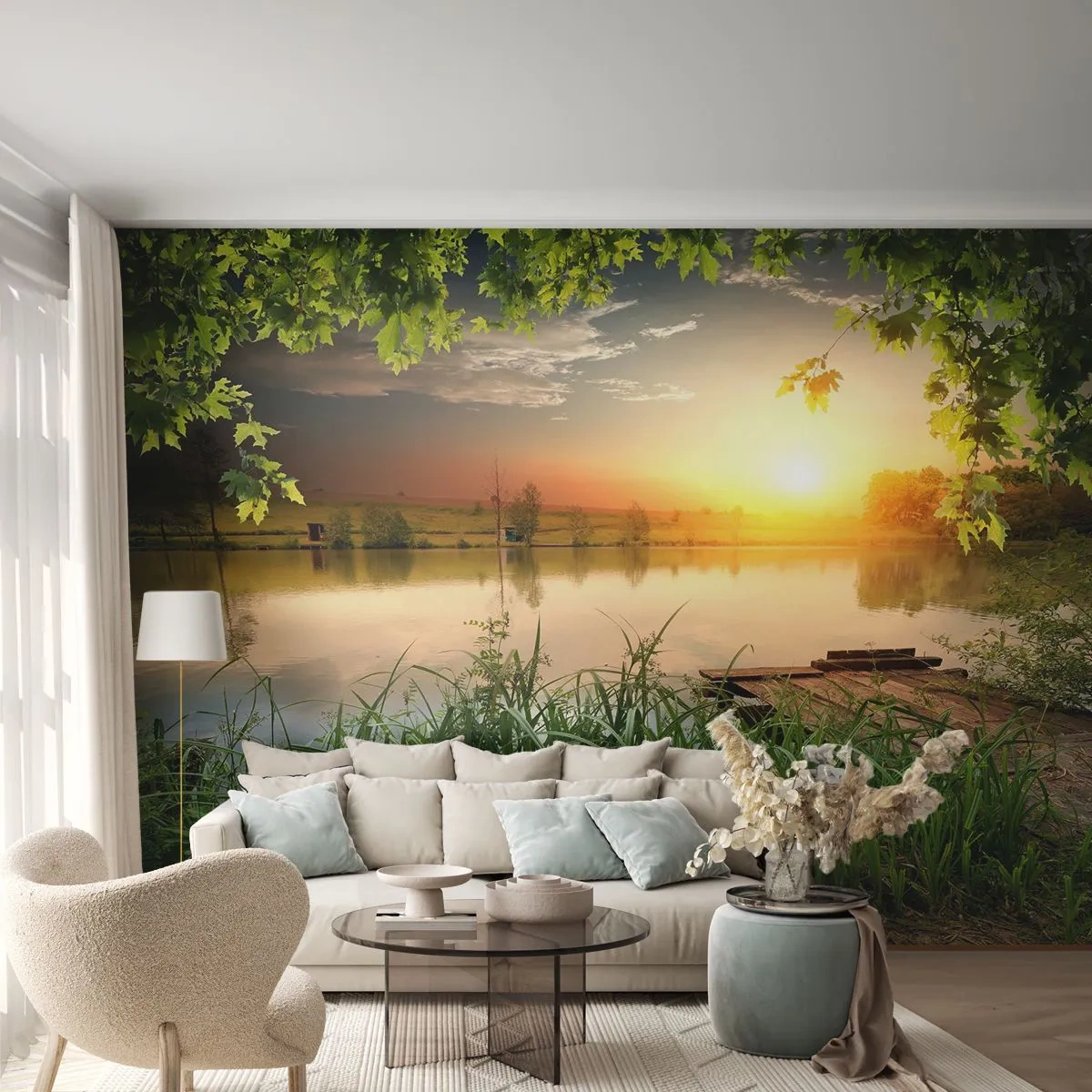 Fototapeta Premium Sand - Malowniczy zachód słońca nad jeziorem - 100x70cm - Pejzaż w zielonej ramie - Nowoczesna dekoracja ścienna do salonu, kuchni i sypialni ARTTOR