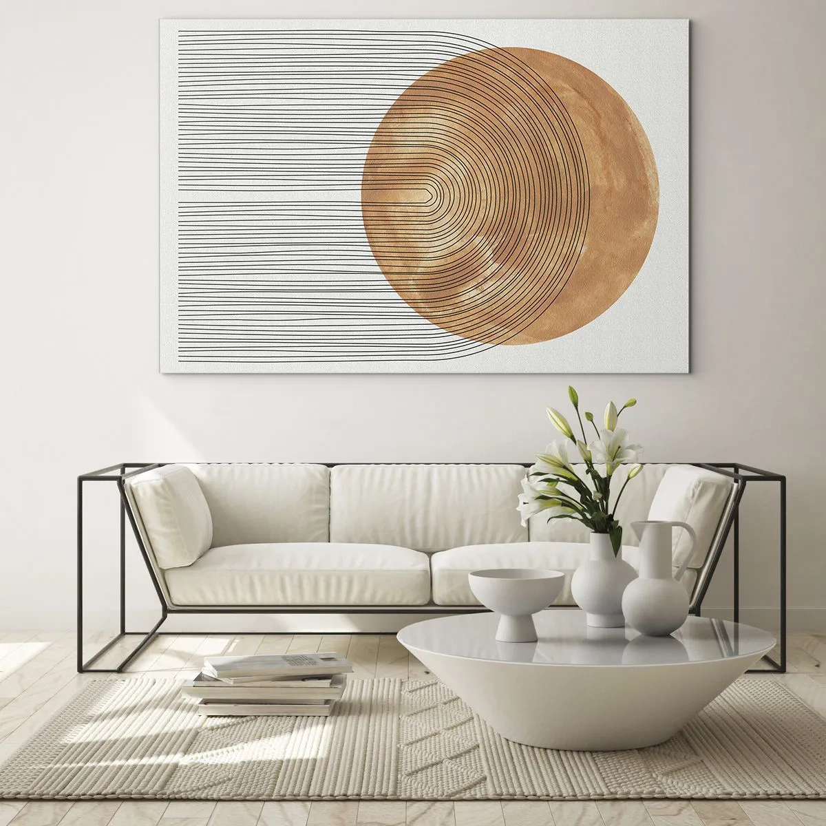 Obraz na szkle - Geometryczna forma z koncentrycznymi liniami i złotym kołem - 70x50cm - Kompozycja słoneczna - Nowoczesna dekoracja ścienna do salonu i sypialni ARTTOR