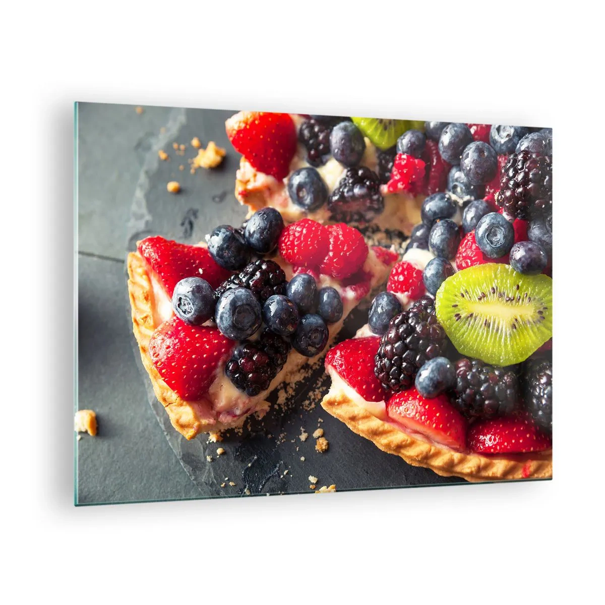Obraz na szkle - Owocowa tarta z jagodami, kiwi i truskawkami - 70x50cm - Dolce vita! - Nowoczesna dekoracja ścienna do salonu i sypialni ARTTOR