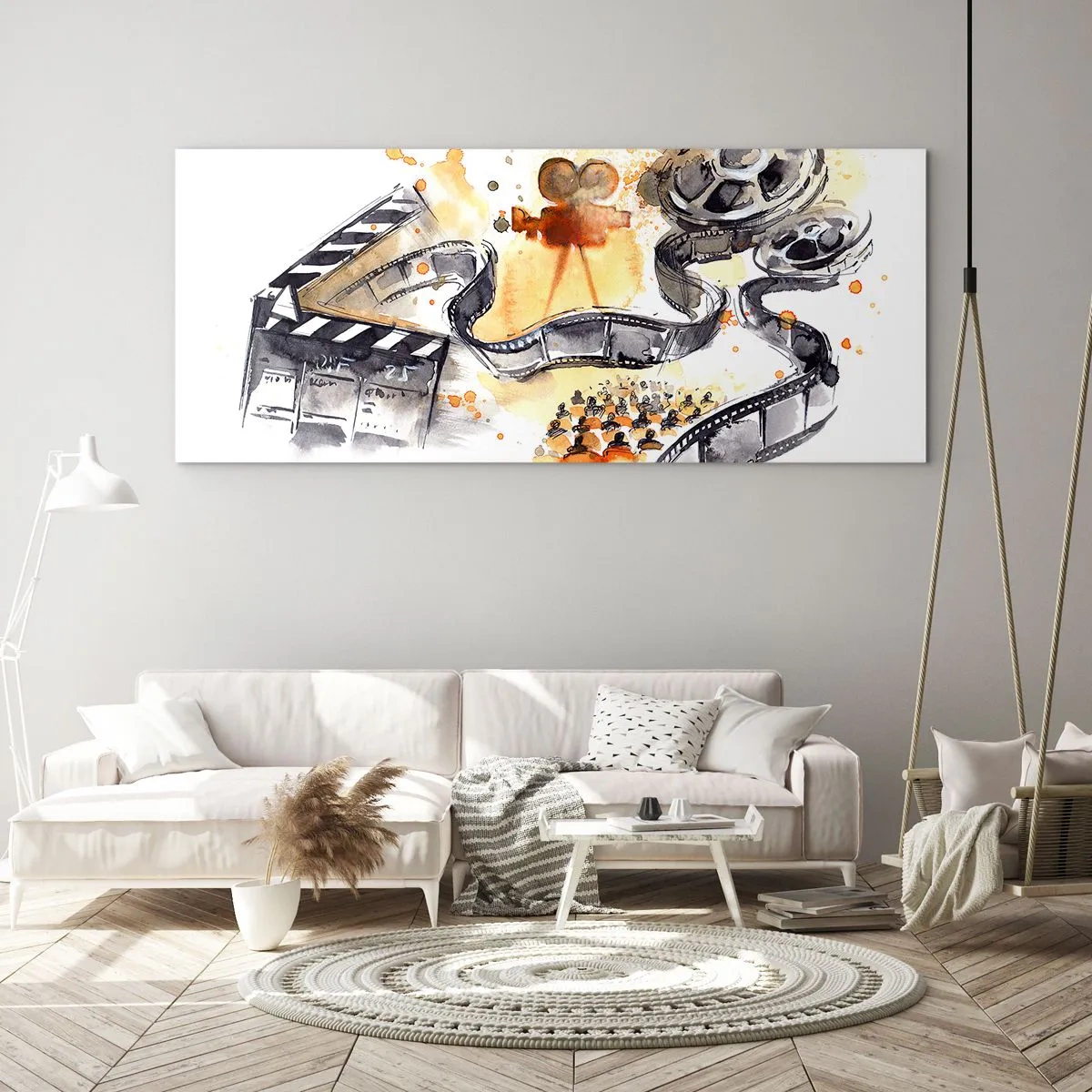 Obraz na szkle - Symbolika kina z filmową taśmą w artystycznej akwareli - 140x50cm - W krainie snów - Nowoczesna dekoracja ścienna do salonu i sypialni ARTTOR