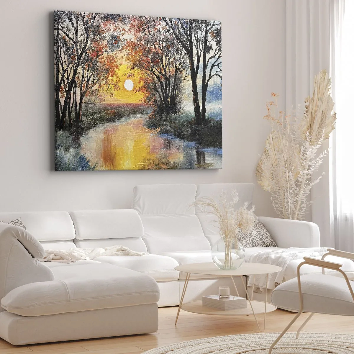 Obraz na płótnie - Zachód słońca nad rzeką w jesiennym krajobrazie - 70x50cm - Jesienne klimaty - Nowoczesna dekoracja ścienna do salonu i sypialni ARTTOR