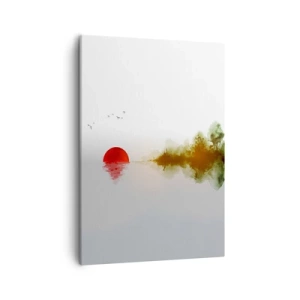 Obraz na płótnie - Minimalistyczna akwarela czerwonego słońca nad spokojnym jeziorem - 50x70cm - Obietnica spokoju - Nowoczesna dekoracja ścienna do salonu, kuchni i sypialni ARTTOR