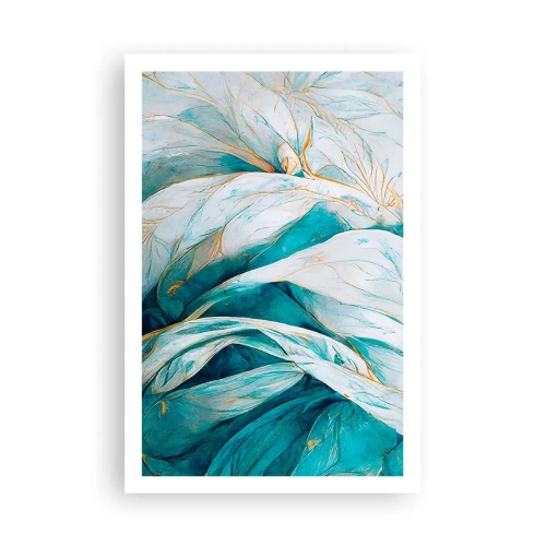 Plakat - Błękitna abstrakcja z motywem złota - 61x91 cm