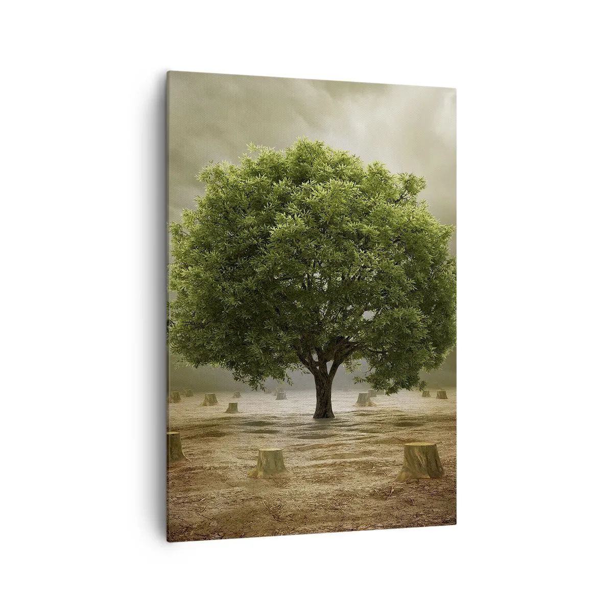 Obraz na płótnie - Zielone drzewo otoczone pniami ściętych drzew na tle pochmurnego nieba - 70x100cm - Cała nadzieja - Nowoczesna dekoracja ścienna do salonu i sypialni ARTTOR