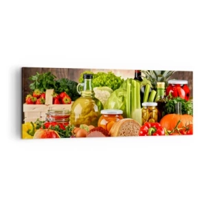 Obraz na płótnie - Kolorowe owoce, warzywa i produkty spożywcze - 140x50cm - Wędzone, pieczone, marynowane - Nowoczesna dekoracja ścienna do salonu i sypialni ARTTOR