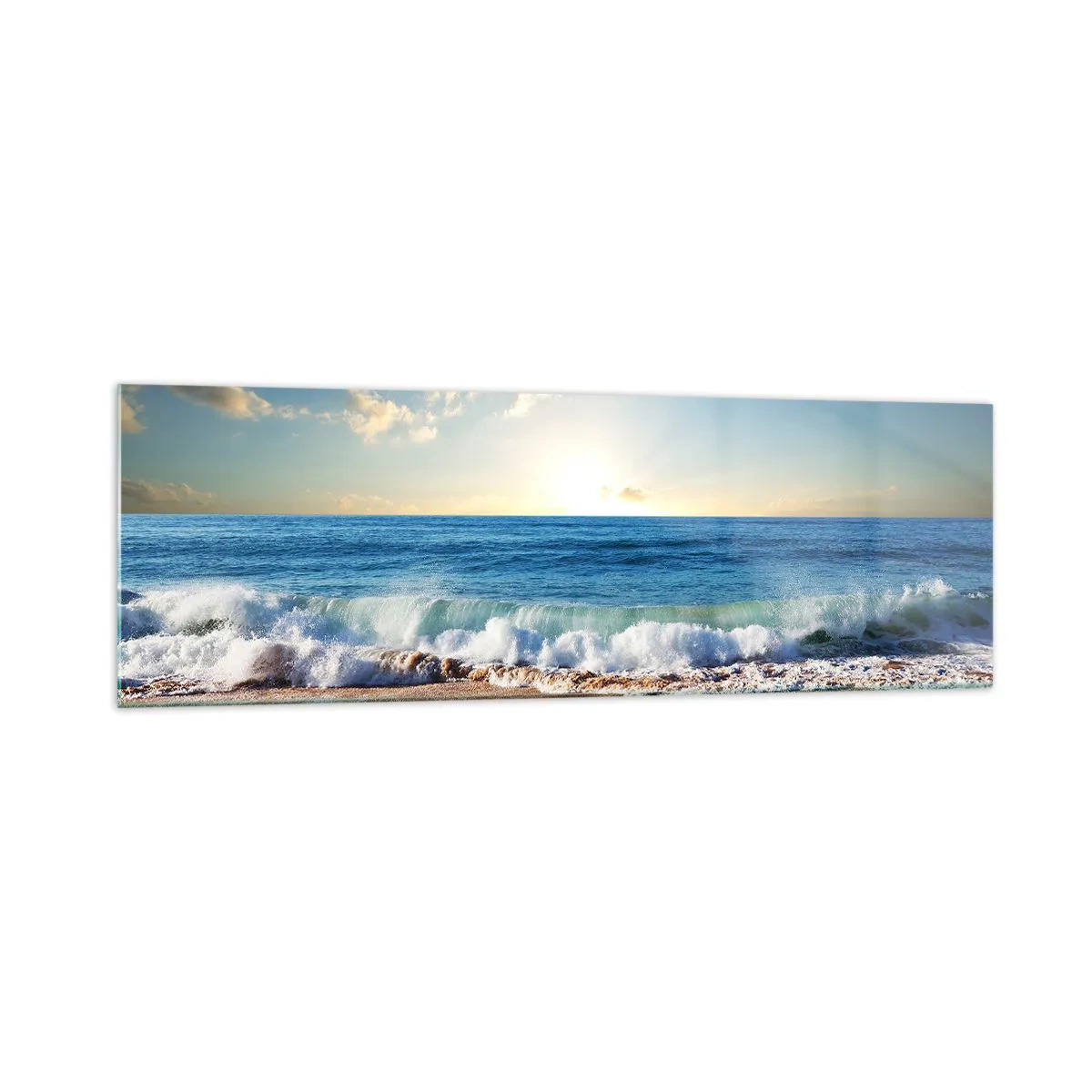 Obraz na szkle - Słoneczna plaża z falami rozbijającymi się o brzeg - 160x50cm - Ruch i bezruch zarazem - Nowoczesna dekoracja ścienna do salonu i sypialni ARTTOR