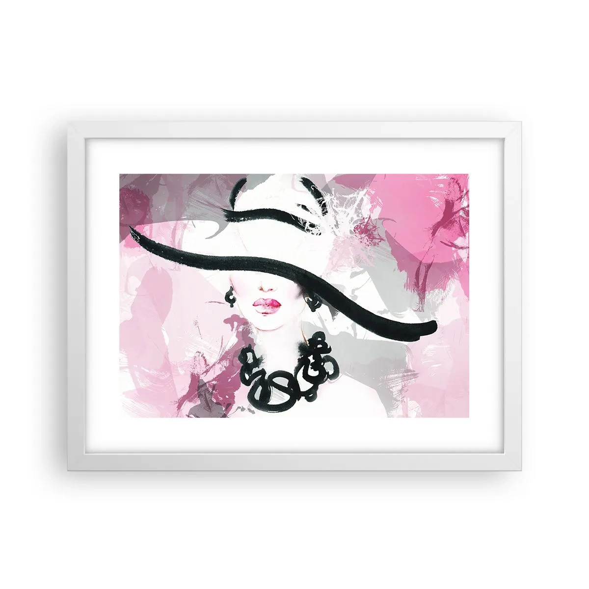 Plakat w białej ramie - Portret damy w czerni i różu - 40x30 cm