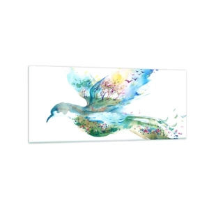Obraz na szkle - Akwarelowa kompozycja ptaka z elementami natury - 120x50cm - Na skrzydłach natury - Nowoczesna dekoracja ścienna do salonu i sypialni ARTTOR