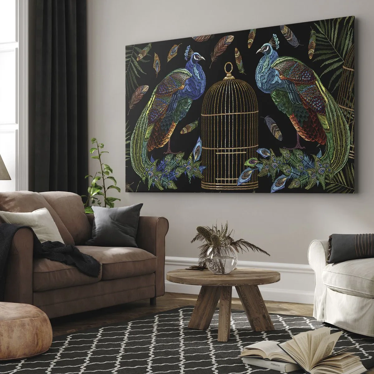 Obraz na płótnie - Pawie przy złotej klatce na czarnym tle - 70x50cm - W królewskich szatach - Nowoczesna dekoracja ścienna do salonu i sypialni ARTTOR