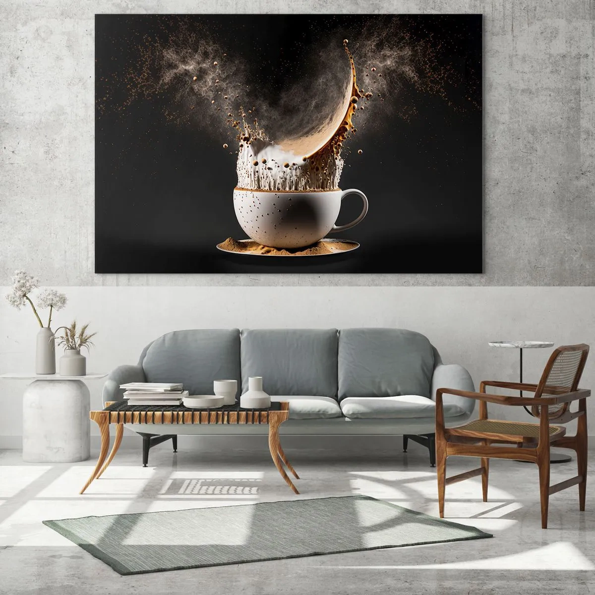 Obraz na szkle - Rozpryskująca się kawa z mlekiem w dynamicznym ujęciu - 70x50cm - Eksplozja smaku - Nowoczesna dekoracja ścienna do salonu i sypialni ARTTOR