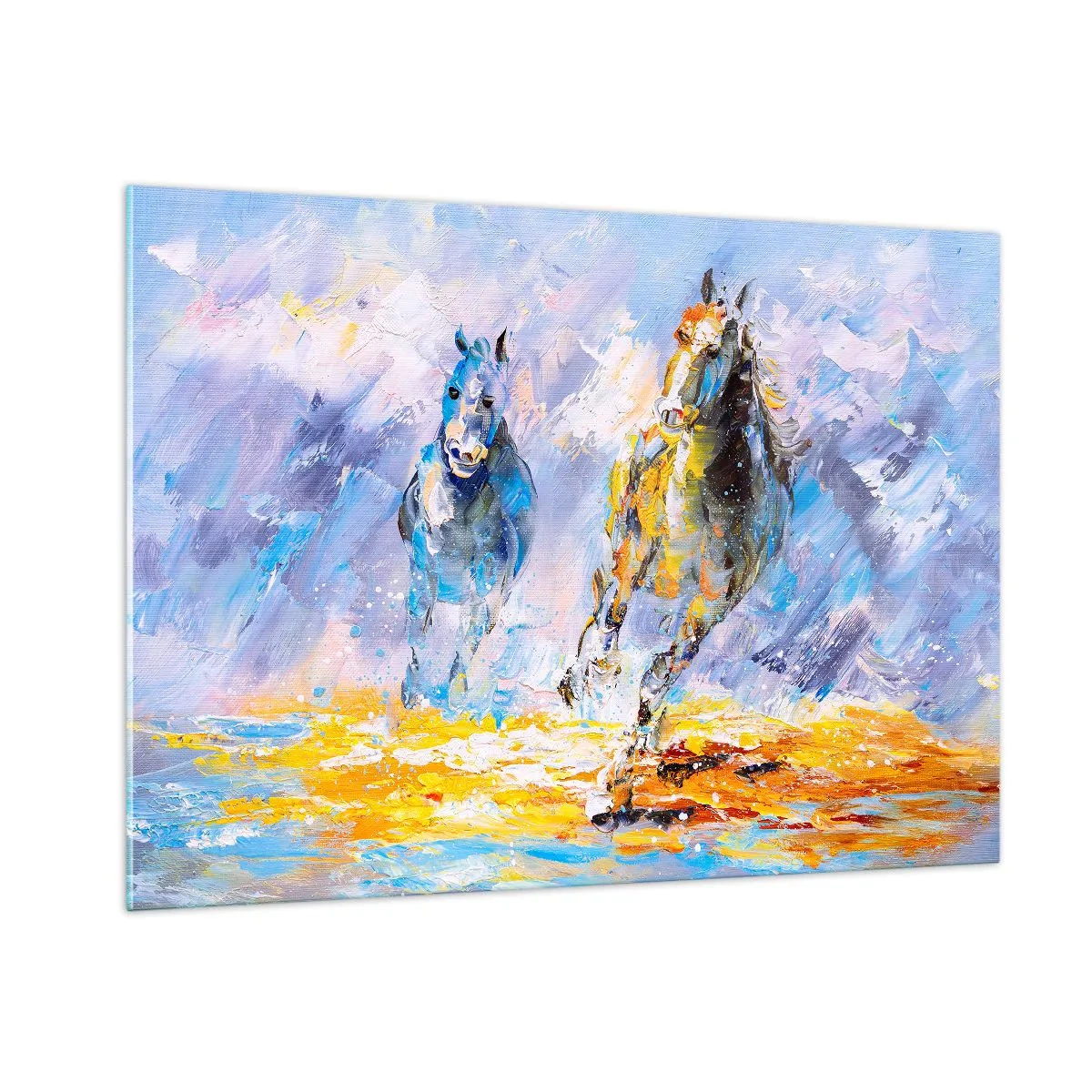Obraz na szkle - Dwa konie galopujące po wodzie w artystycznym stylu - 100x70cm - Galopem przez blask - Nowoczesna dekoracja ścienna do salonu, kuchni i sypialni ARTTOR