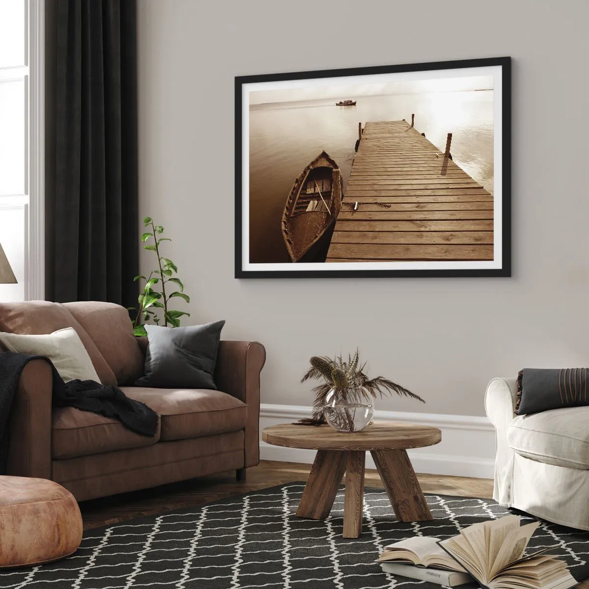 Plakat w czarnej ramie - Drewniane molo i łódź w spokojnym jeziorze - 100x70cm - Wielki spokój - Nowoczesna dekoracja ścienna do salonu i sypialni ARTTOR
