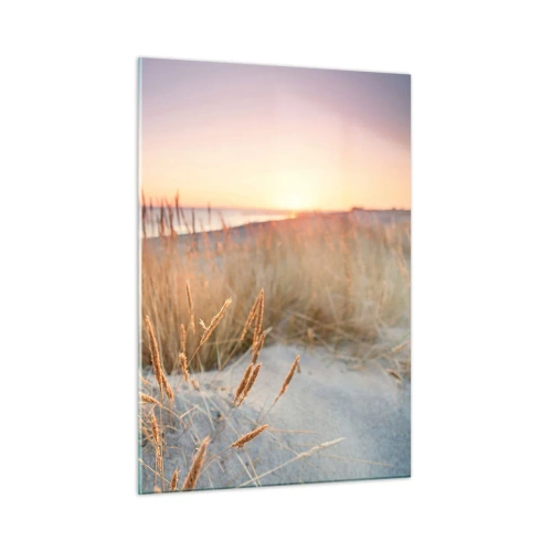Obraz na szkle - Plaża z trawami i zachodzącym słońcem nad morzem - 50x70cm - Bałtycka kołysanka - Nowoczesna dekoracja ścienna do salonu, kuchni i sypialni ARTTOR