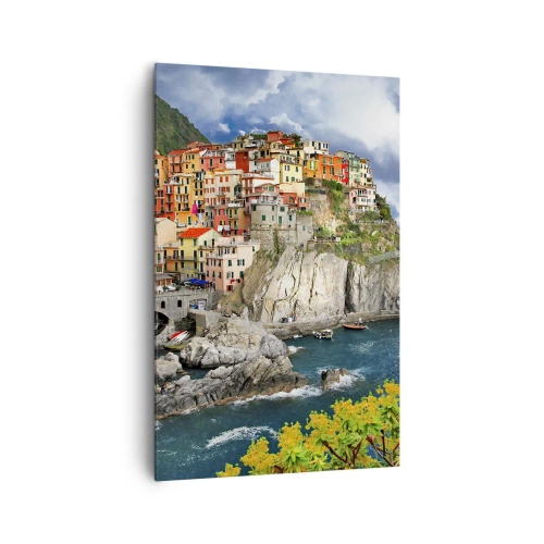 Obraz na płótnie - Kolorowe domy na klifie nad brzegiem morza w Cinque Terre - 80x120cm - Gromadka przytulona do skał - Nowoczesna dekoracja ścienna do salonu i sypialni ARTTOR
