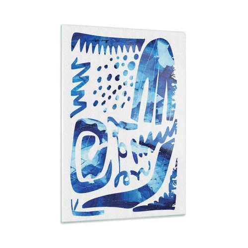 Obraz na szkle - Dynamiczna niebieska abstrakcja z geometrycznymi formami - 50x70cm - Powrót do korzeni - Nowoczesna dekoracja ścienna do salonu, kuchni i sypialni ARTTOR