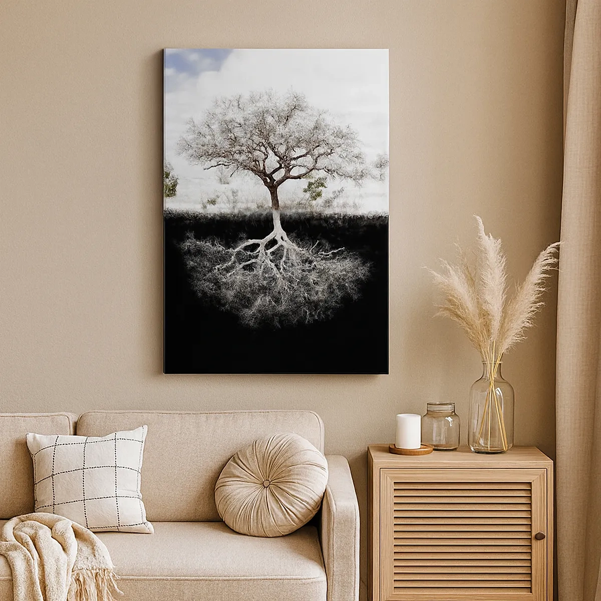 Obraz na płótnie - Drzewo z widocznymi korzeniami pod powierzchnią ziemi - 50x70cm - Odkrycie natury świata - Nowoczesna dekoracja ścienna do salonu, kuchni i sypialni ARTTOR