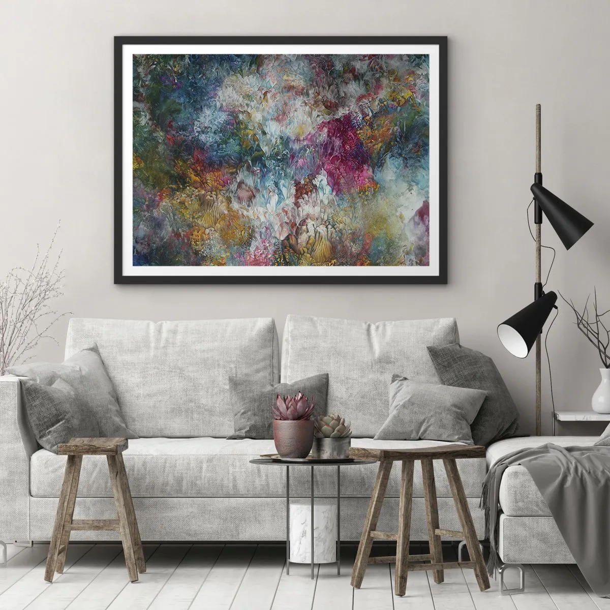 Plakat w czarnej ramie - Kolorowa abstrakcja przypominająca kwiaty w rozkwicie - 70x50cm - W pełnym rozkwicie - Nowoczesna dekoracja ścienna do salonu i sypialni ARTTOR