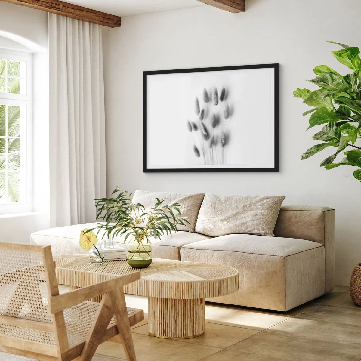 Plakat w czarnej ramie - Delikatne trawy w odcieniach szarości na białym tle - 70x50cm - Jej puszystość trawa - Nowoczesna dekoracja ścienna do salonu i sypialni ARTTOR