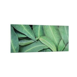 Obraz na szkle - Zbliżenie na zielone liście tworzące naturalny wzór - 120x50cm - Soczyste i świeże - Nowoczesna dekoracja ścienna do salonu i sypialni ARTTOR