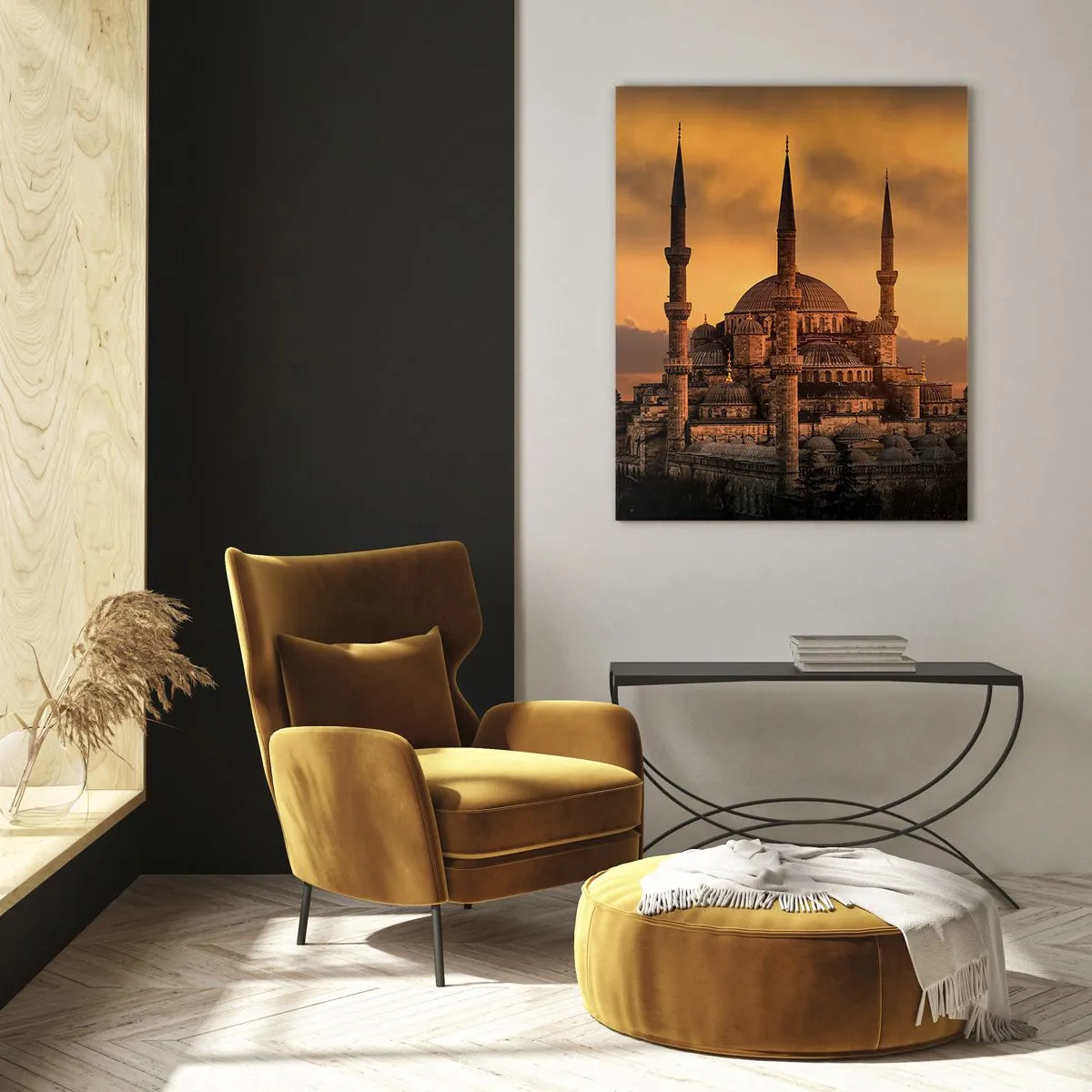 Obraz na szkle - Błękitny Meczet na tle zachodu słońca - 50x70cm - Bóg jest wielki - Nowoczesna dekoracja ścienna do salonu, kuchni i sypialni ARTTOR
