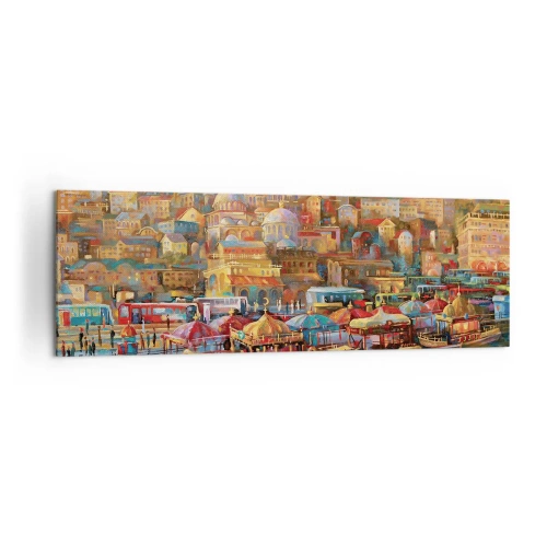 Obraz na płótnie - Malownicza panorama Stambułu z widokiem na zatokę i miasto - 160x50cm - Stambulska opowieść - Nowoczesna dekoracja ścienna do salonu i sypialni ARTTOR
