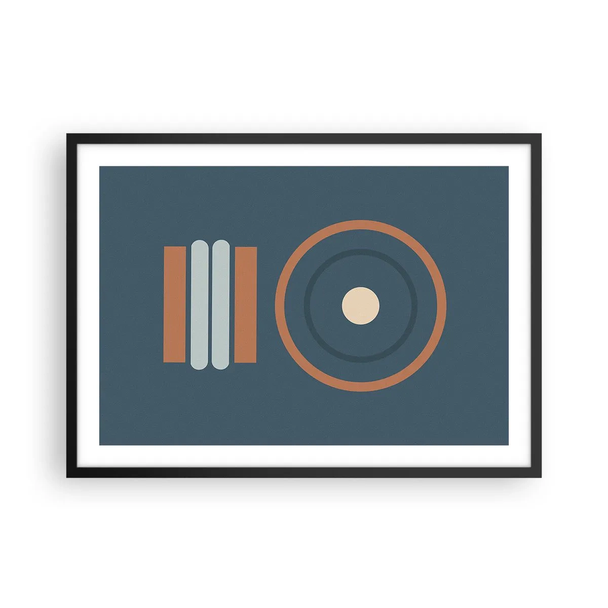 Plakat w czarnej ramie - Geometryczna kompozycja z okręgami i prostokątami w stonowanych barwach - 70x50cm - Istota rzeczy - Nowoczesna dekoracja ścienna do salonu i sypialni ARTTOR