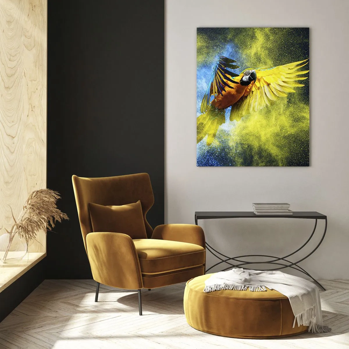 Obraz na szkle - Papuga w locie na tle kolorowych eksplozji żółtego i niebieskiego - 70x100cm - W błękitno-złotym pyle - Nowoczesna dekoracja ścienna do salonu i sypialni ARTTOR