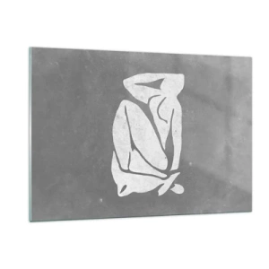 Obraz na szkle - Minimalistyczna sylwetka kobiety na szarym tle - 120x80cm - W zamyśleniu - Nowoczesna dekoracja ścienna do salonu, kuchni i sypialni ARTTOR