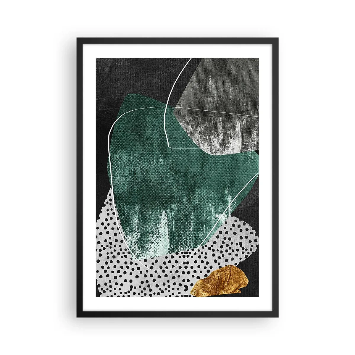 Plakat w czarnej ramie - Abstrakcyjna kompozycja w zieleni i złocie - 50x70cm - Barwna abstrakcja z płatkiem złota - Nowoczesna dekoracja ścienna do salonu i sypialni ARTTOR