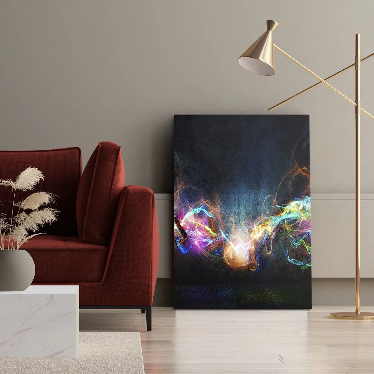 Obraz na płótnie - Kolorowe świetlne smugi na ciemnym tle - 50x70cm - Radośnie przeciw ciemności - Nowoczesna dekoracja ścienna do salonu, kuchni i sypialni ARTTOR