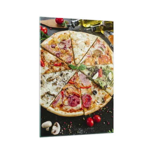 Obraz na szkle - Pizza w różnych smakach na tle z dodatkami - 70x100cm - Wachlarz smaków - Nowoczesna dekoracja ścienna do salonu i sypialni ARTTOR
