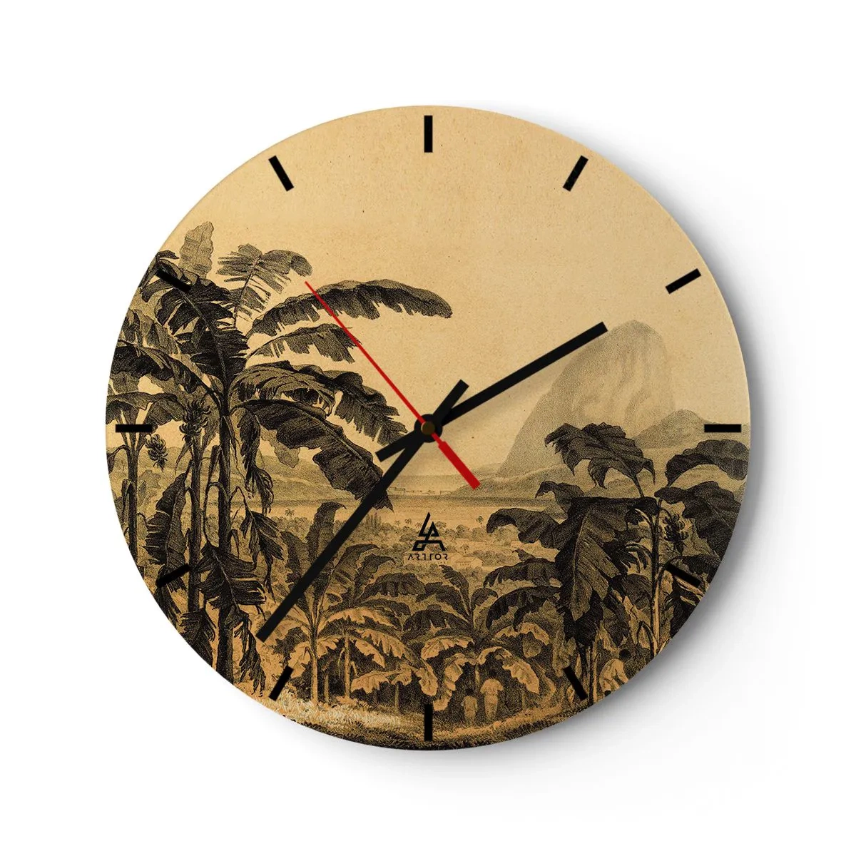 Zegar ścienny - Banany i tropikalny krajobraz w stylu retro - 30x30cm - w kolonialnym klimacie - Nowoczesna dekoracja ścienna do salonu, kuchni i sypialni ARTTOR