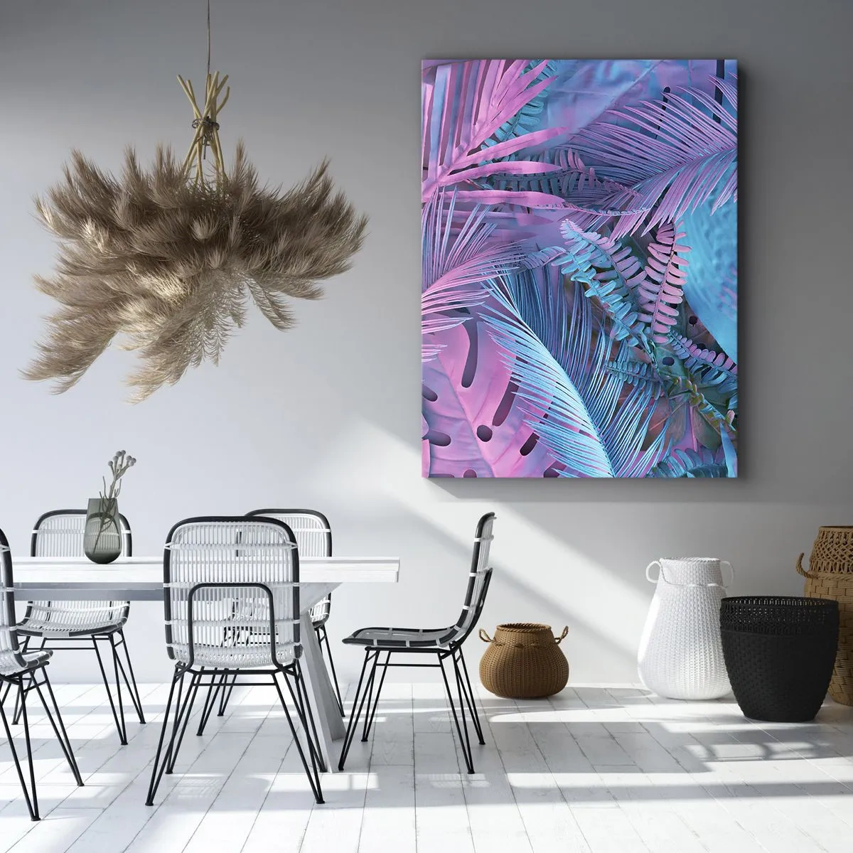 Obraz na płótnie - Abstrakcyjna kompozycja liści palmowych w odcieniach różu i błękitu - 50x70cm - Tropiki w różu i błękicie - Nowoczesna dekoracja ścienna do salonu, kuchni i sypialni ARTTOR