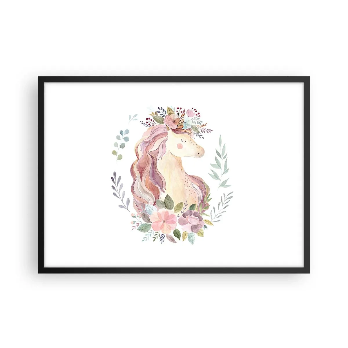 Plakat w czarnej ramie - Jednorożec w pastelowych kolorach otoczony kwiatami - 70x50cm - Zaproszenie do świata baśni - Nowoczesna dekoracja ścienna do salonu i sypialni ARTTOR