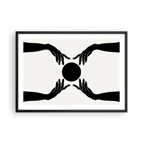 Plakat w czarnej ramie - Czarne dłonie w symetrycznej kompozycji z kulą - 70x50cm - Tajemny znak - Nowoczesna dekoracja ścienna do salonu i sypialni ARTTOR