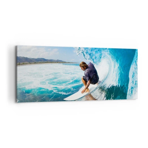 Obraz na płótnie - Surfer w dynamicznej pozie na fali w turkusowej wodzie - 120x50cm - Tańczący z falami - Nowoczesna dekoracja ścienna do salonu i sypialni ARTTOR